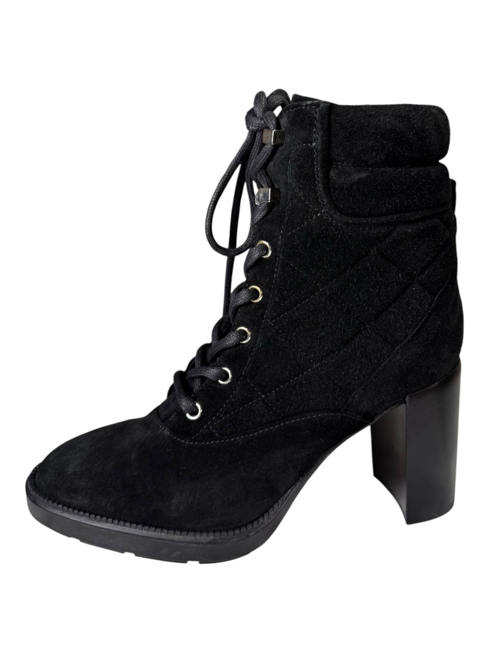 NWT Aquatalia Black Quilted Suede Lace Up Heeled Combat Boot Lug Sole 7.5 Italy